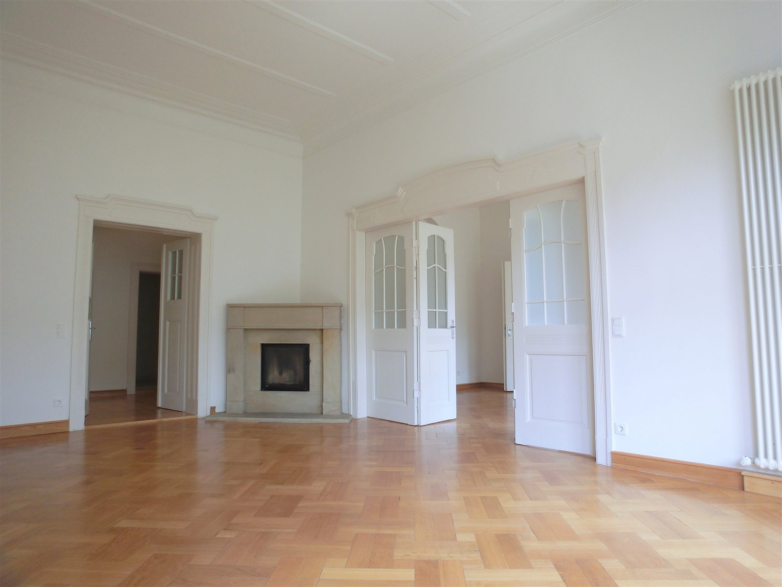 Salon mit Kamin und weißen Flügeltüren