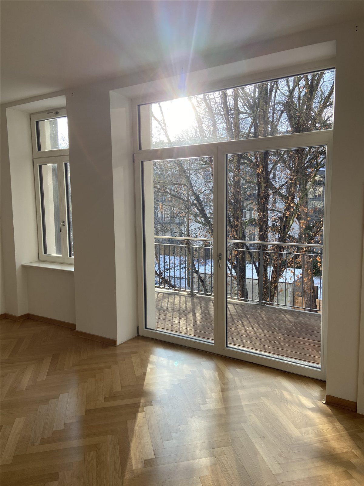 Sonnige Balkontür mit Blick in die Bäume