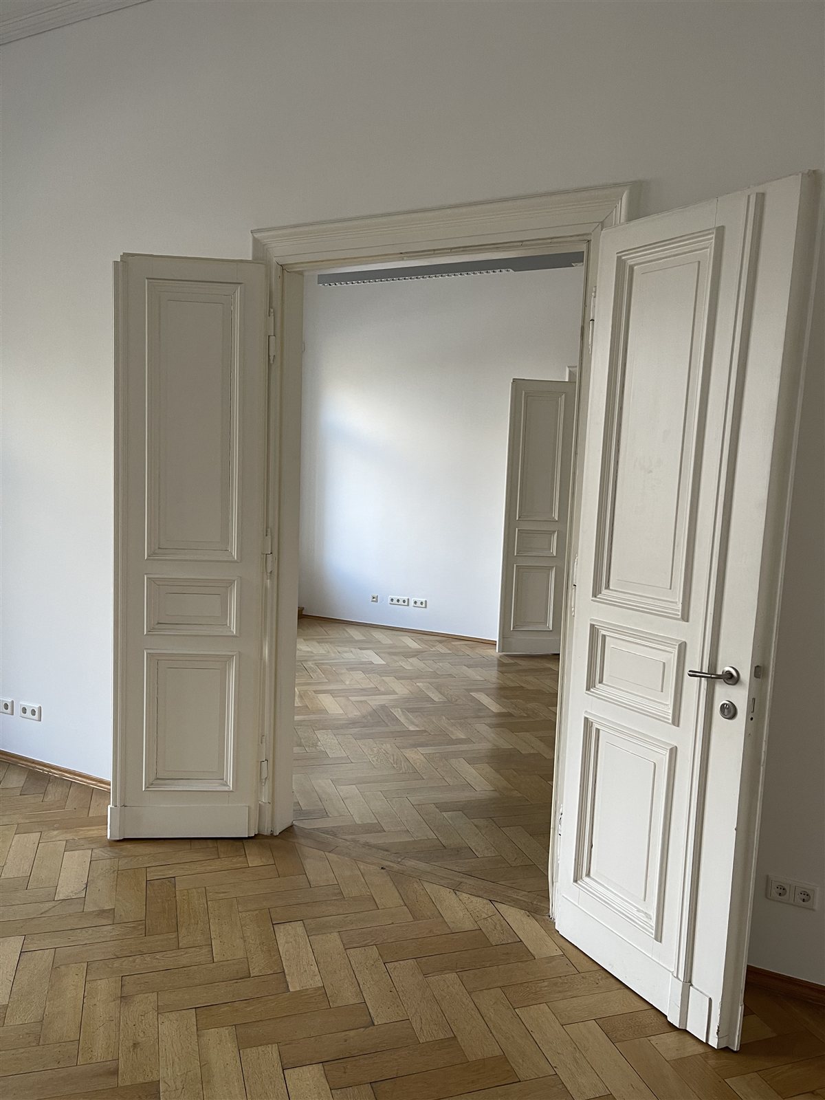 Offene Altbau-Flügeltüren und Fischgrätparkett